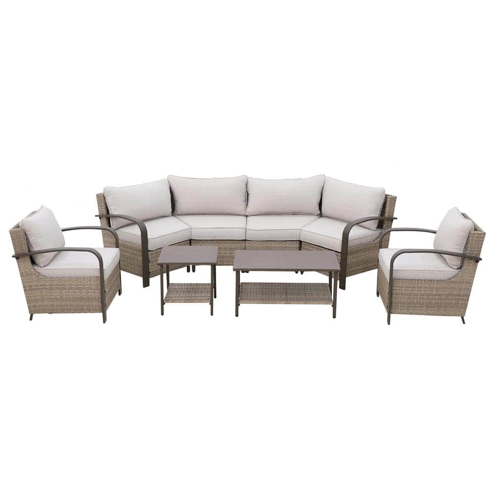8-Piece Brown Steel Wicker Outdoor Sectional Sofa Set with Beige Cushions
