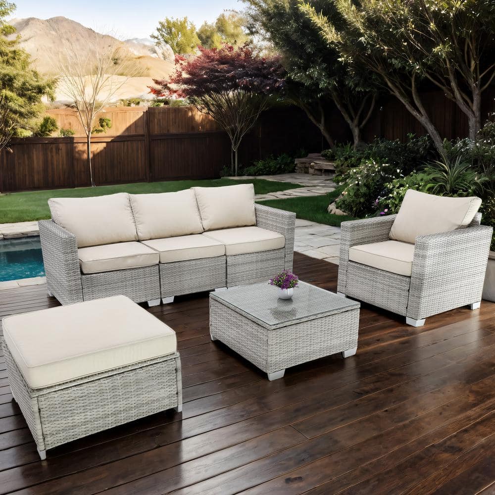 Gray White 6-Pieces Wicker Outdoor Fabric Sofa Sectional Set with Field Gra