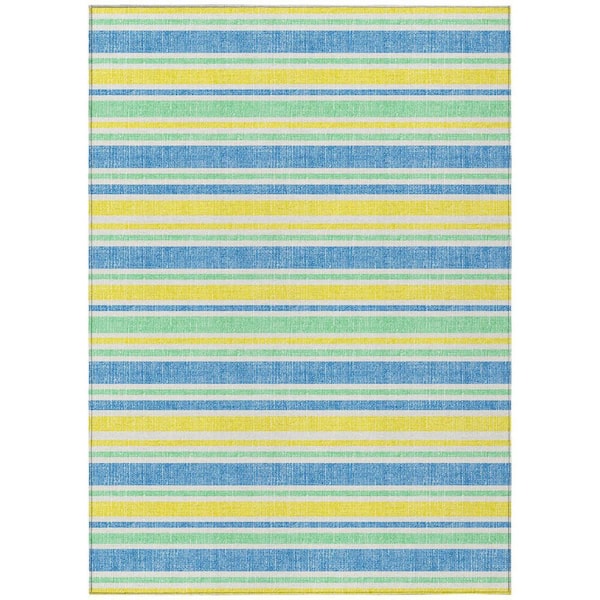Blue, Yellow, Green 8 ft. x 10 ft. Woven Striped Polyester Rectangle Indoor / Outdoor Area Rug