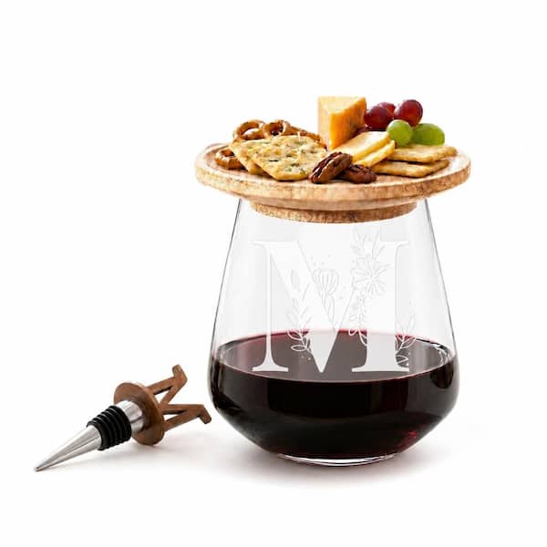18 oz. Hand-Etched Custom Initial Artisan Tall Stemless Wine Glass Dishwasher Safe Letter M (Single)
