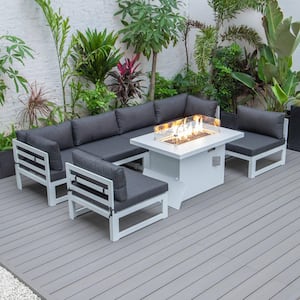 Cheslea White 7-Piece Aluminum Patio Fire Pit Set with Black Cushions