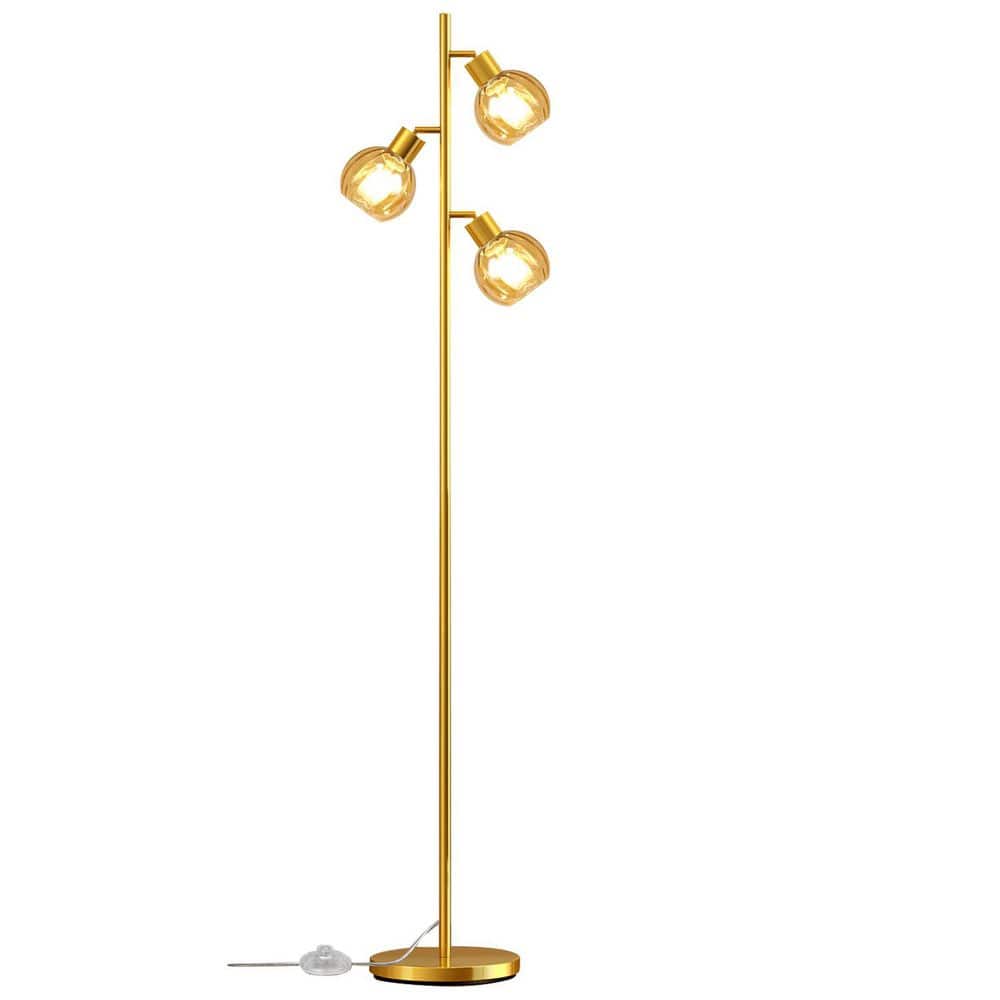 65.16 in. Gold Paint Tree Standing Lamp Modern 3-Lights Floor Lamp with Gla