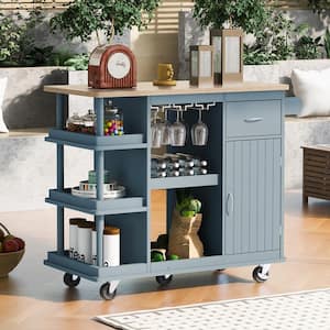 Blue Rubber Wood Top 40 in. W Kitchen Island on 5-Wheels with Interior Storage Shelves and Wine Rack