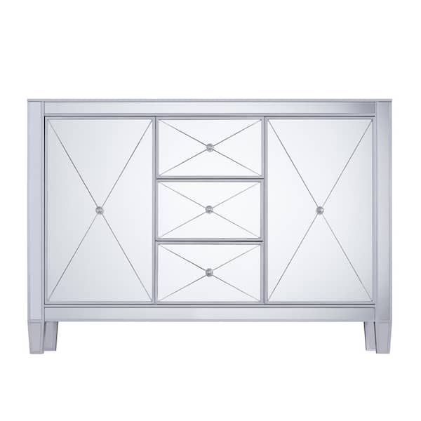 Pavel 50.25 in. Rectangle Wood 3-Drawer Silver Mirrored Cabinet