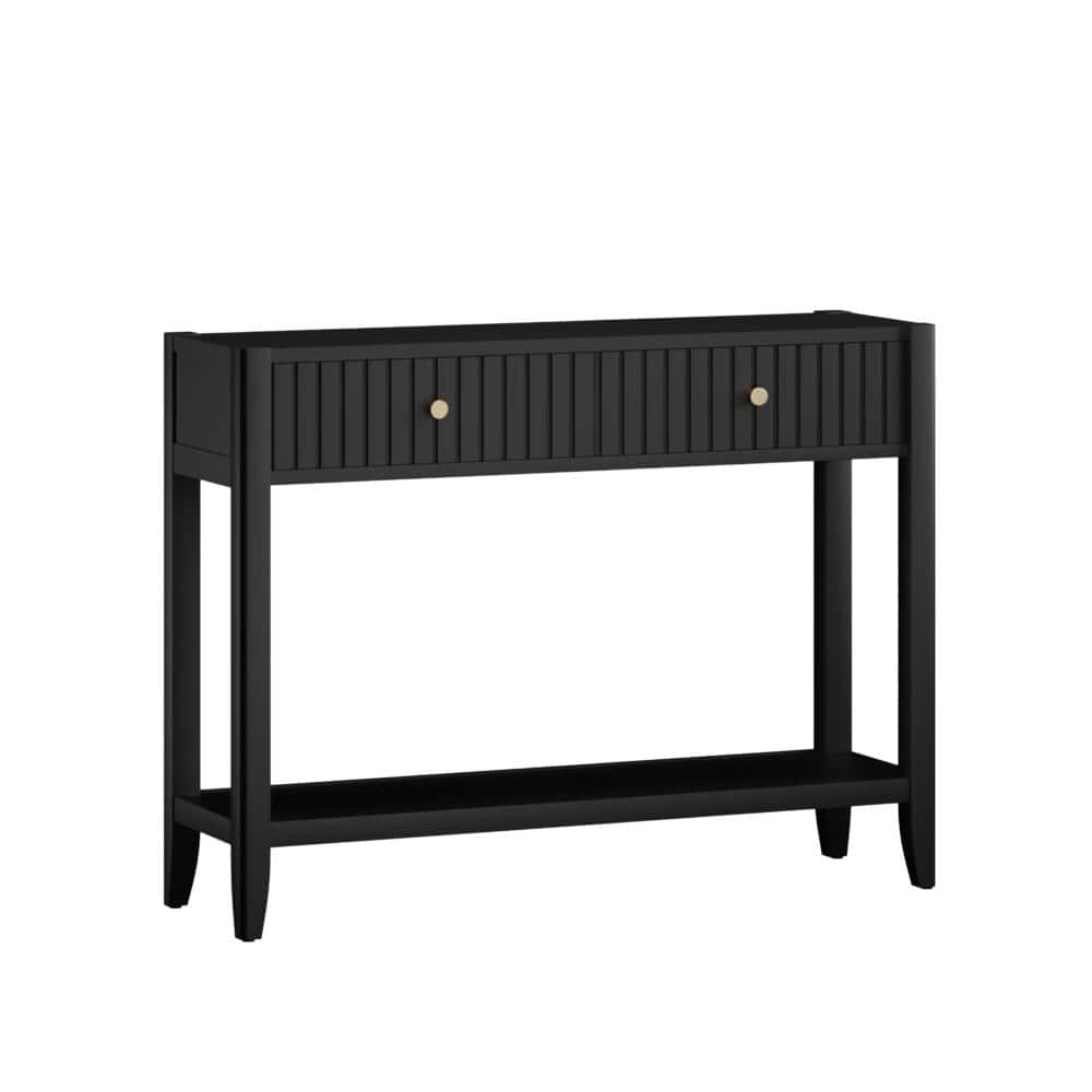 Modern Matte Black Entryway Console Table with Gold handles, Fluted Drawer Sofa Table with Storage for Foyer