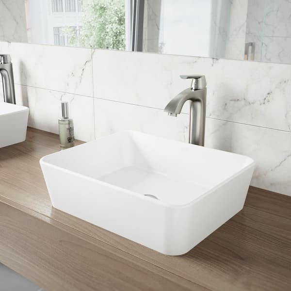 VIGO Matte Stone Marigold Composite Rectangular Vessel Bathroom Sink in White with Faucet and Pop-Up Drain in Brushed Nickel