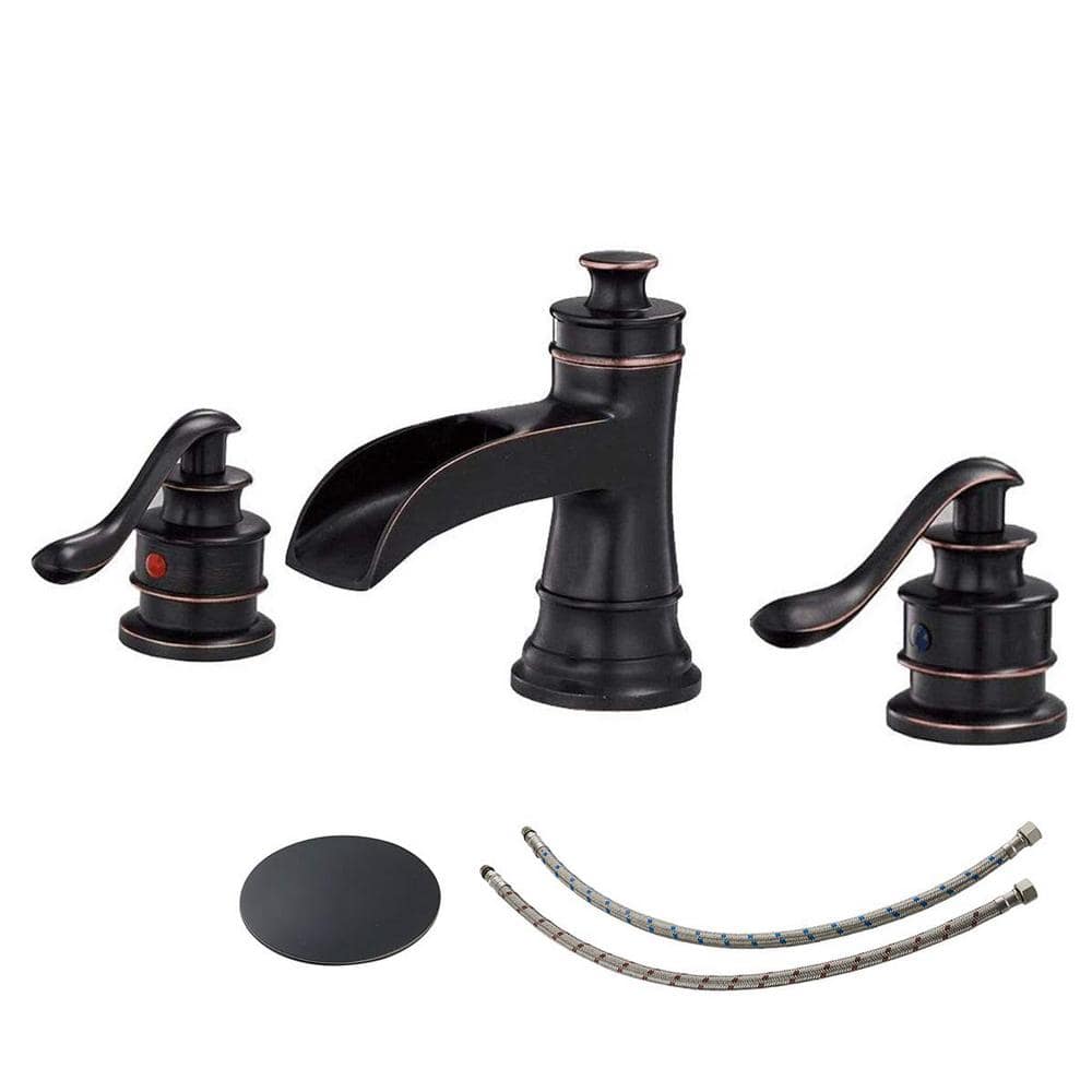 8 in. Waterfall Widespread 2-Handle Bathroom Faucet With Pop-up Drain Assembly in Spot Resist Oil Rubbed Bronze -  BWE, A-96556-ORB-S-2