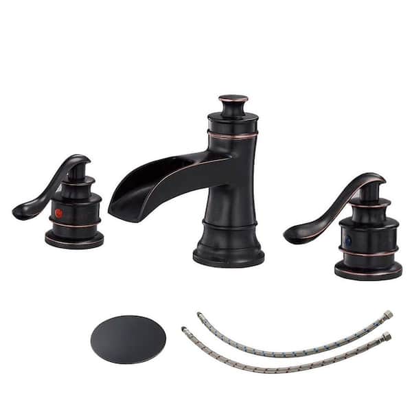 BWE 8 in. Waterfall Widespread 2-Handle Bathroom Faucet With Pop-up Drain Assembly in Spot Resist Oil Rubbed Bronze