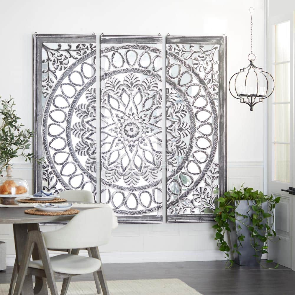 DecMode Black Wooden Handmade Carved Mandala Floral Wall Decor with Mirrored Back Frame (3 Count)