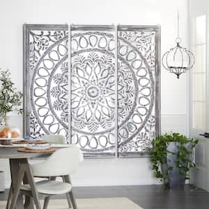 Wood Black Handmade Carved Mandala Floral Wall Decor with Mirrored Back Frame (Set of 3)