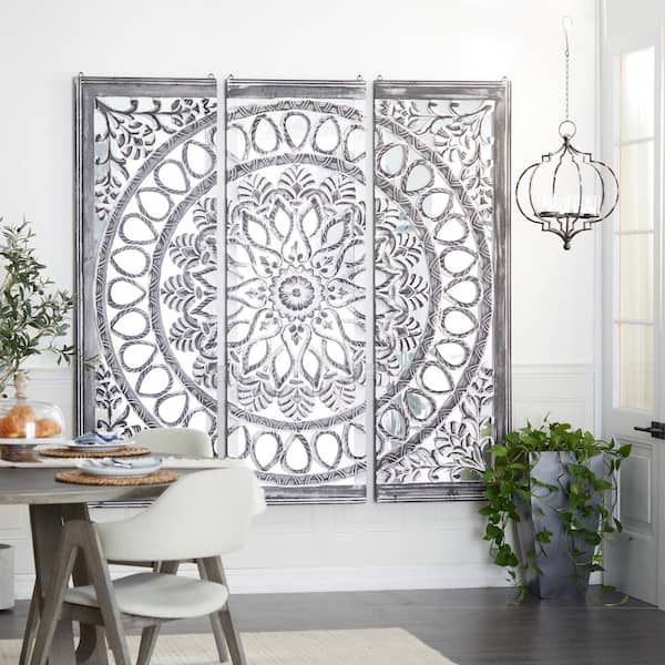 Litton Lane Wood Black Handmade Carved Mandala Floral Wall Decor with Mirrored Back Frame (Set of 3)