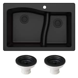 Quarza Black Granite Composite 33 in. 60/40 Double Bowl Undermount/Drop-In Kitchen Sink and Strainers