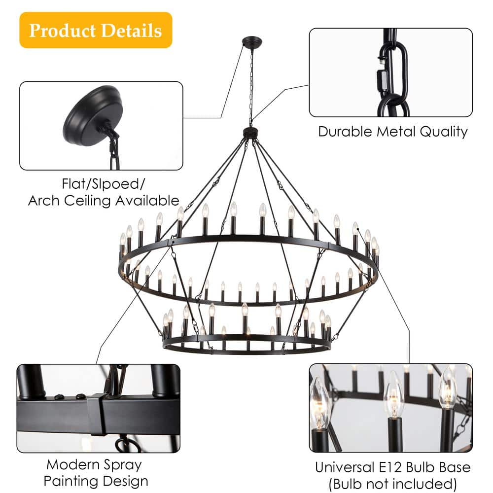 60-Inch Matte Black 2-Tier Wagon Wheel Chandelier with 54 Candle Lights