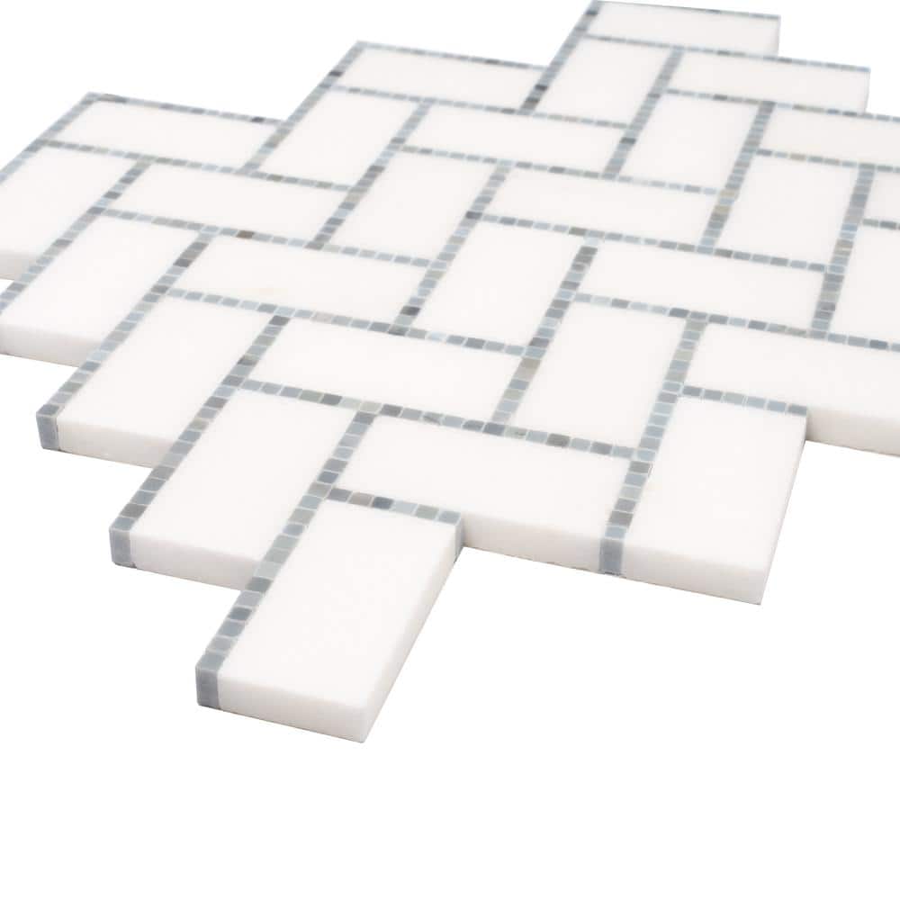 White and Gray Polished Herringbone Marble Mosaic Tile
