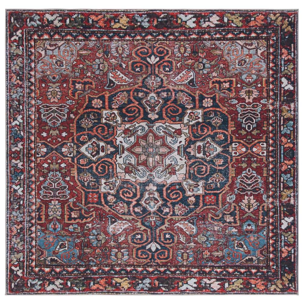 Red and Navy Square Synthetic Hand-Knotted Area Rug