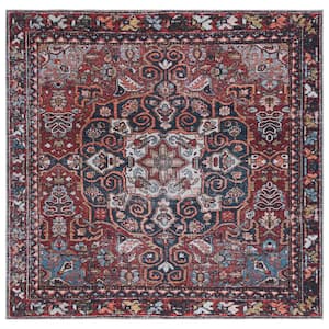 Tucson Red/Navy 6 ft. x 6 ft. Machine Washable Distressed Medallion Floral Border Square Area Rug