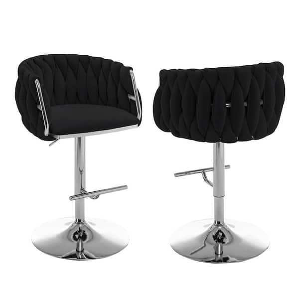 Best Quality Furniture Earl 25 in. 33 in. Upholstered Black Low Back Metal Frame Adjustable Bar Stool With Velvet Fabric (Set of 2)