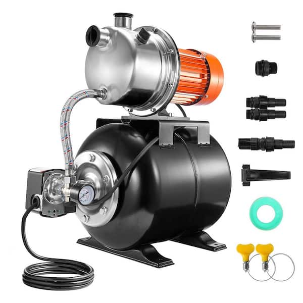 SKYSHALO 1.6 HP Shallow Well Pump, 1320 GPH, 5-Gal. Pressure Tank, 30/50 PSI Switch, Stainless Steel for Irrigation