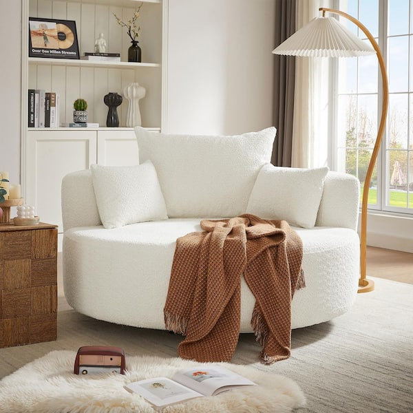 Beige Chenille 360° Round Swivel Chair Accent Sofa Chair with 3 Removable Pillows for Living Room