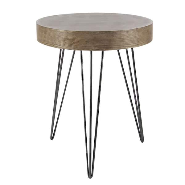 Litton Lane 20 in. Brown Large Round Wood End Accent Table with Black Metal Hairpin Legs