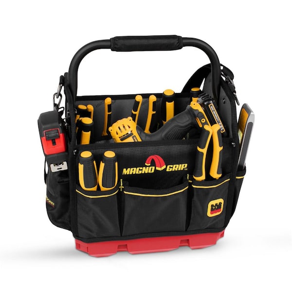 RED Base Series 12 in. 16-Pocket Tool Tote, 8 Loops, Comfort Grip Steel Handle, Adjustable Padded Shoulder Strap