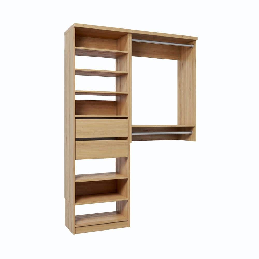 45 in. W Natural Oak Reach-in Floor-Mount 2-Rod 2-Reveal-Drawers 7-Shelf Wood Closet System