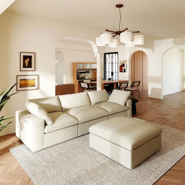 118 in. Square Arm 4-Piece Linen L-Shaped Sectional Sofa Rearrangeable Cloud Couch in Khaki with Ottoman