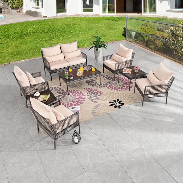 Patio Festival 9-Piece Wicker Outdoor Conversation Set with Beige Cushions