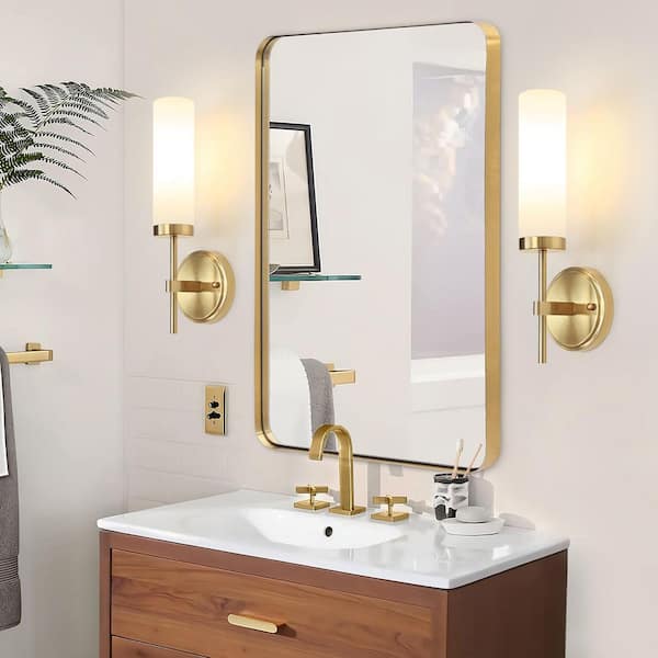 1-Light Gold Modern Wall Sconce with White Frosted Glass (Set of 2)