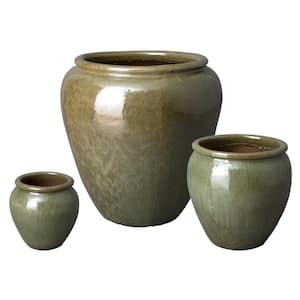 12.5, 19, 30 in. H Ceramic Round Planters S/3, Tea Green