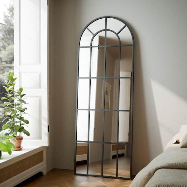 Black 24 in. W x 65 in. H Arched Windowpane Modern Aluminum Alloy Framed Full Length Mirror Floor Mirror