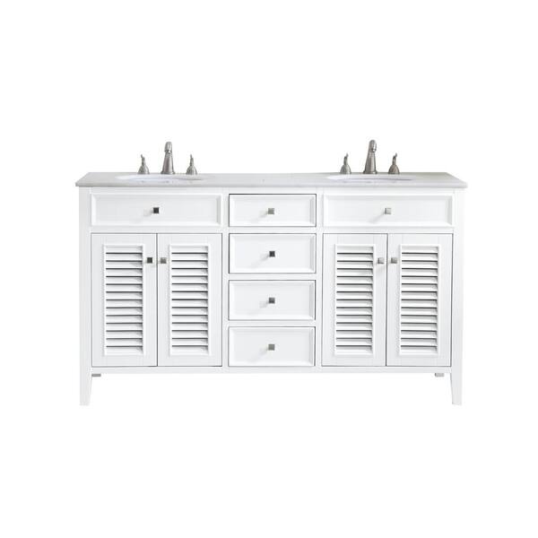 Unbranded Simply Living 60 in. W x 21 in. D x 35 in. H Bath Vanity In White with White And Brown Vein Porcelain Top
