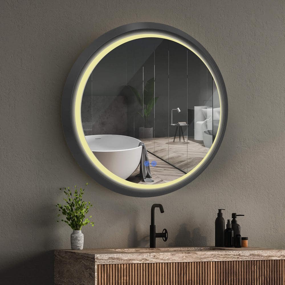 36 Inch Round Black LED Bathroom Vanity Mirror with Anti-Fog