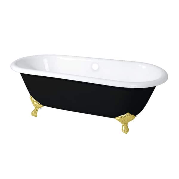 Aqua Eden 66 in. x 30.1 in. Cast Iron Oval Clawfoot Soaking Bathtub in Black/White/Polished Brass