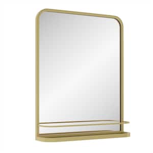 22 in. W x 27 in. H Modern Rectangular Framed Gold Hook Wall Bathroom Vanity Mirror with Shelf