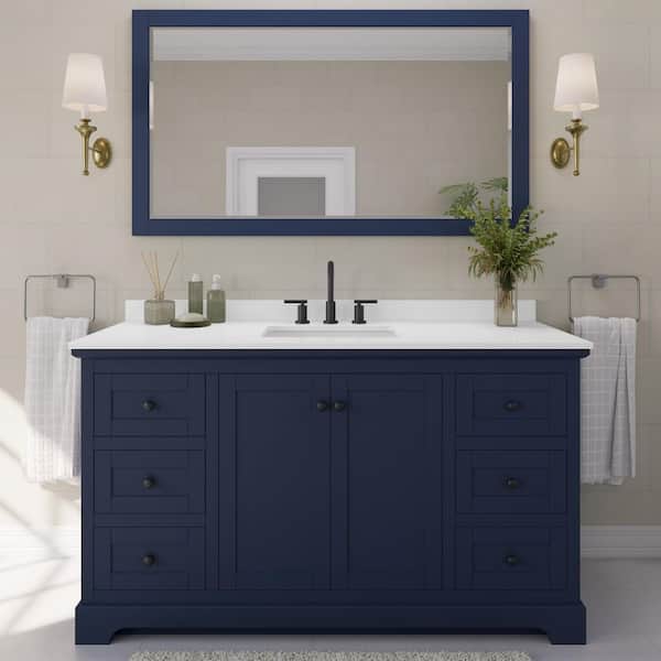 Wyndham Collection Avery 60 in. W x 22 in. D x 35 in. H Single Bath Vanity in Dark Blue with White Quartz Top