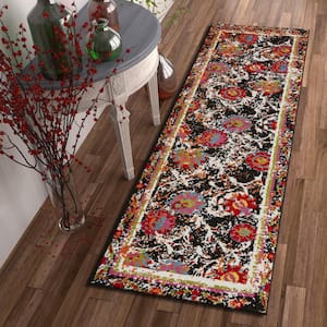 Fusion Flower Paradise Black / White 2 ft. 3 in. x 7 ft. Indoor Runner Rug