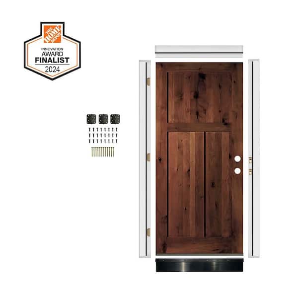 DIY 36 in. x 80 in. Knotty Alder 3-Panel Left-Hand Red Mahogany Stain Wood Front Door Kit w/ Quick Assemble Jamb