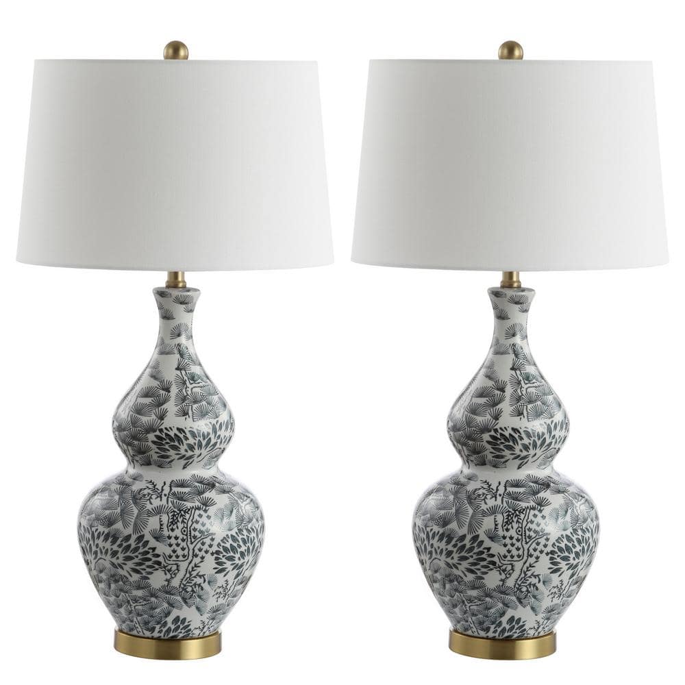 Exotic Floral Black & White Ceramic Table Lamp Set with Brass Accents