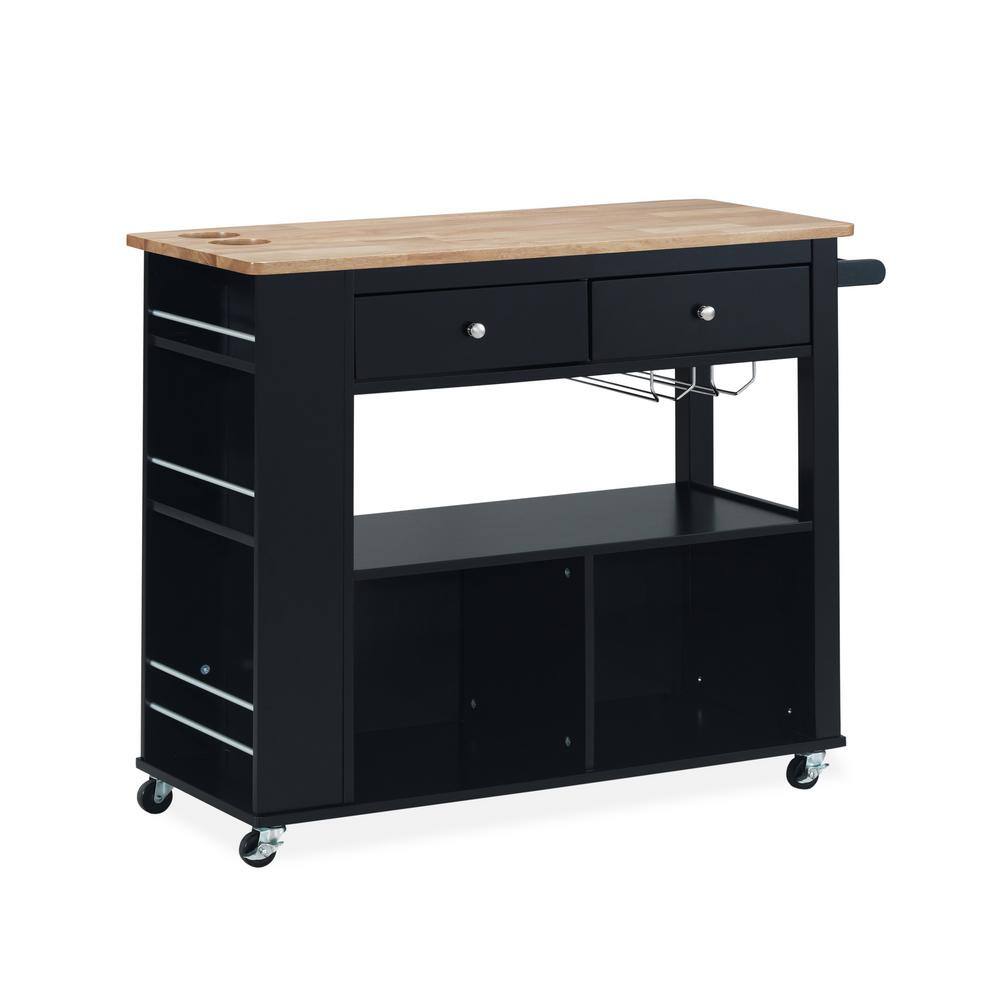 Black Faux Wood Top Kitchen Cart on Wheels with 2Drawers, Natural