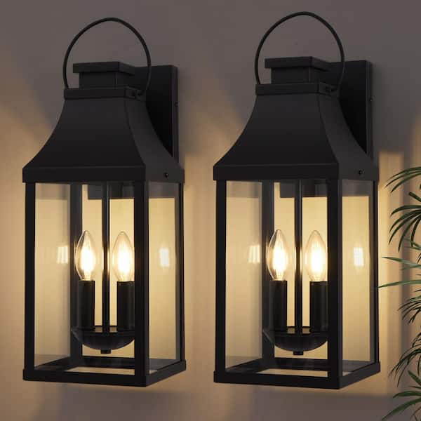 Modern Black Outdoor Wall Sconce 2-Light Waterproof Wall Light with Glass Shade (2-Pack)