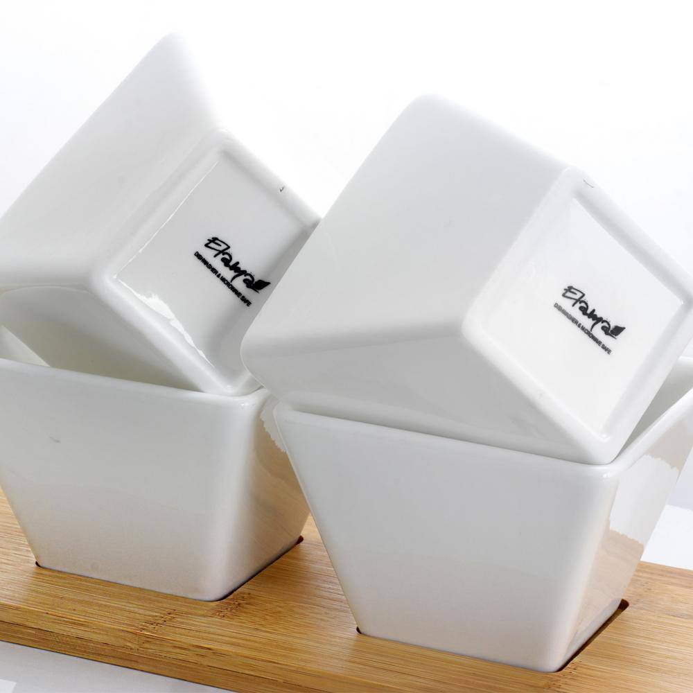 White Ceramic and Bamboo Rectangular Serving Set, 5 Piece