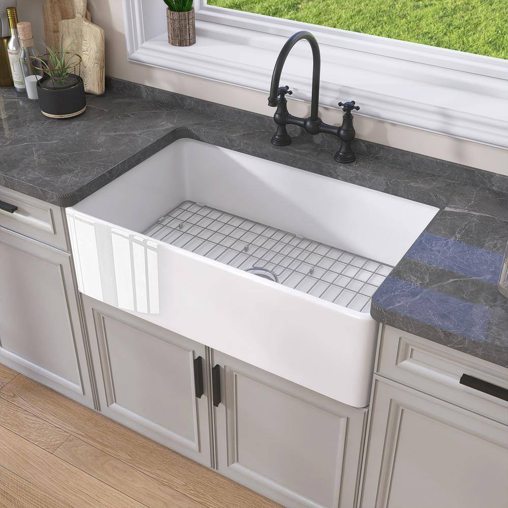 White Fireclay Single Bowl Farmhouse Kitchen Sink with Grid