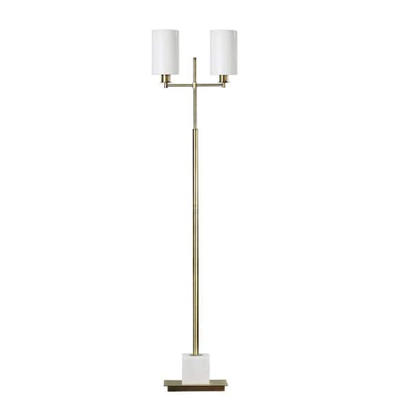 Fangio Lighting 63.5" Brass Metal & Marble Column Floor Lamp with Frosted Glass Shades