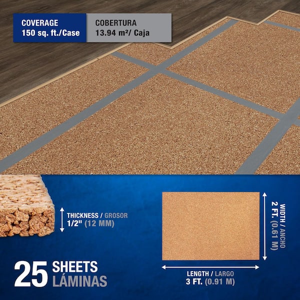 150 sq. ft. 2 ft. Wide x 3 ft. Long x 12 mm Thick Natural Cork Sound-Dampening Underlayment Sheets (25-Pack)