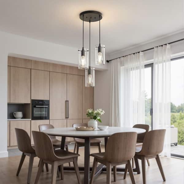 10 in. 3-Light Matte Black Cluster Pendant Light, Large Clear Glass Hanging Light for Dining Table or Kitchen Island