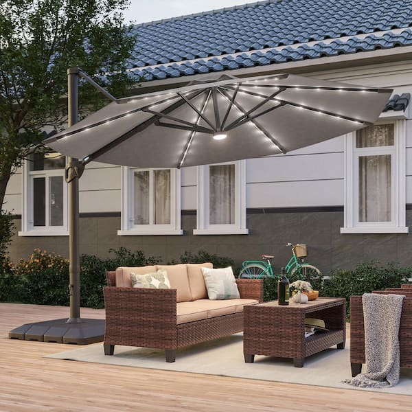 11 ft. Solar LED Outdoor Round Aluminum Cantilever Umbrellas with Base Stand in Gray