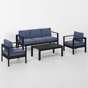 4 Pieces Aluminum Patio Conversation Set with Blue Cushions