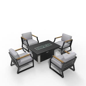 Cassiel Black 5-Piece Aluminum Patio Fire Pit Conversation Set with Gray Cushions