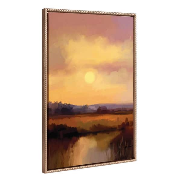 Kate and Laurel Soft Farm Landscape Sunset Framed Canvas Wall Art in. 1-Piece Gold Framed Canvas Art Print, 23 in. x 33 in.